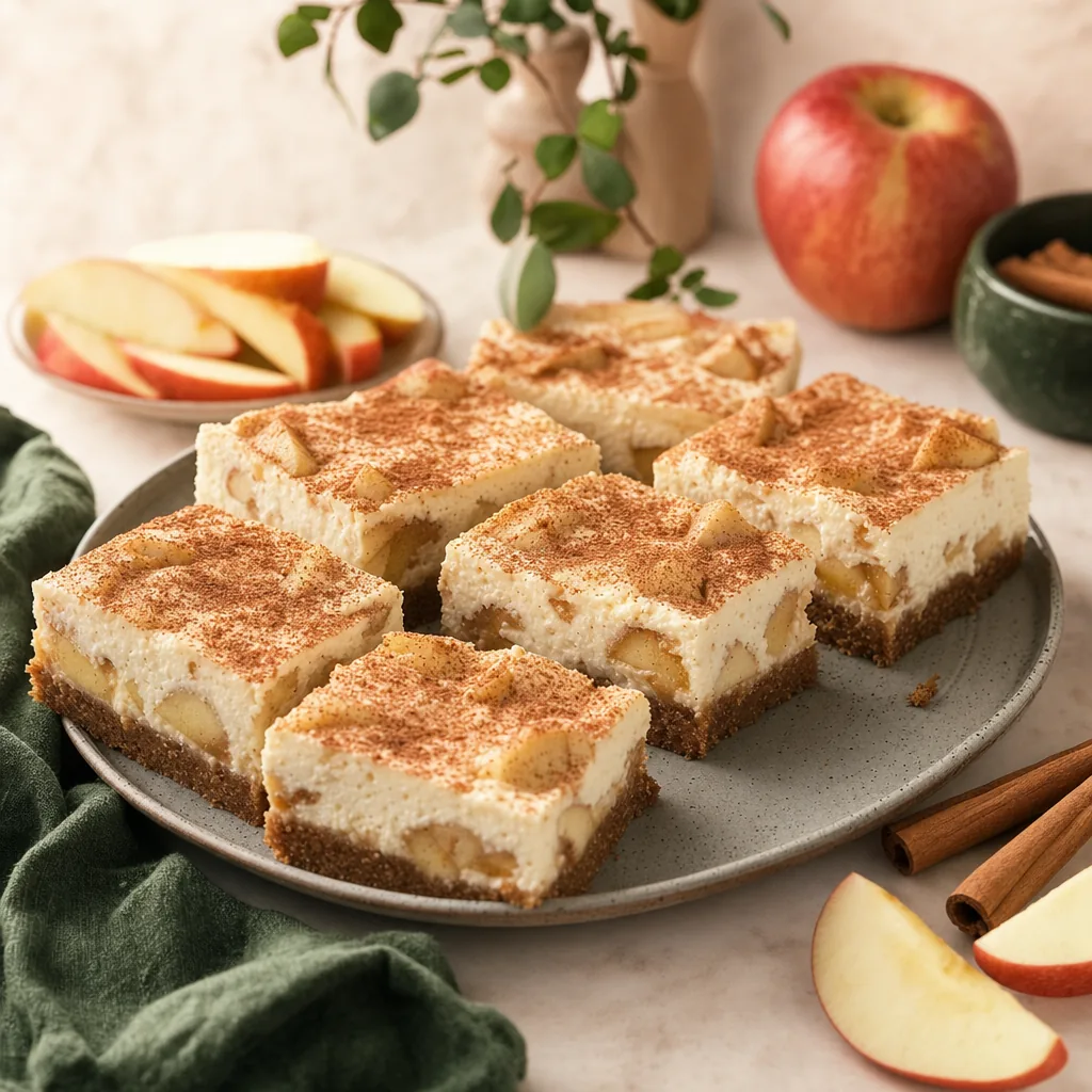 Apfel-Zimt-Cheesecake-Bars in Würfel geschnitten mit cremiger Schicht, Apfelstücken und Zimt