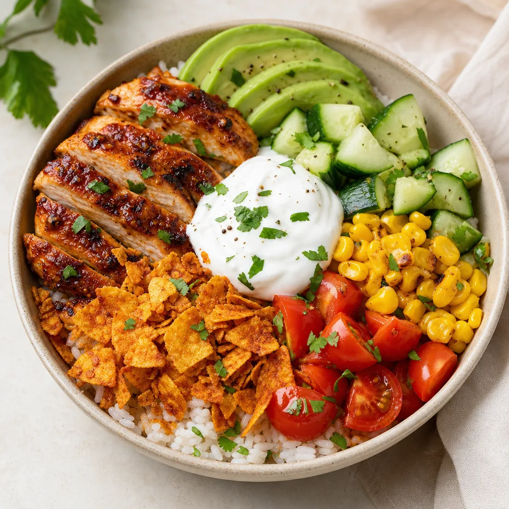 BBQ Chicken Bowl mit Reis, Hähnchen, Avocado, Gemüse und Crunch