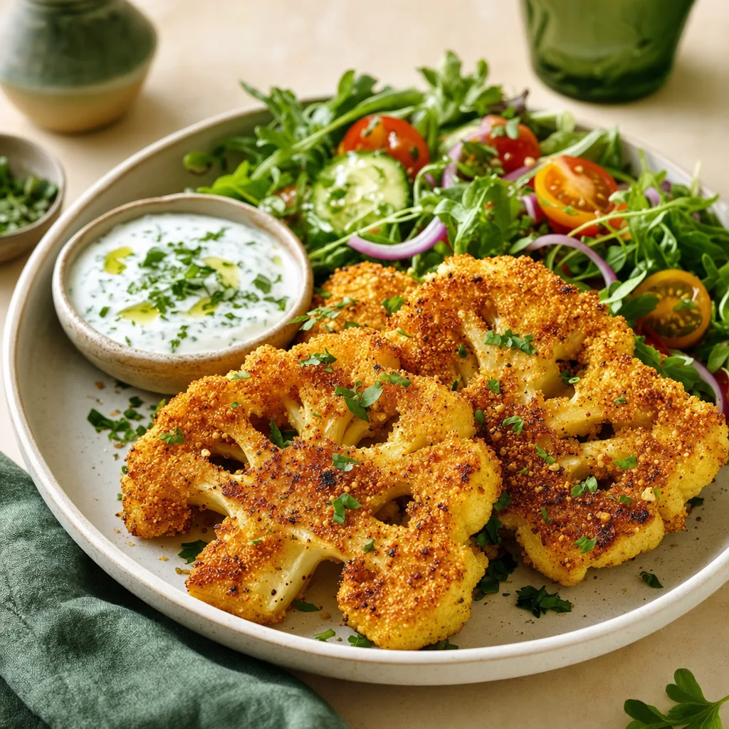 Goldbraun panierte Blumenkohl-Schnitzel mit knuspriger Protein-Chips-Panade, Joghurt-Dip und Salat