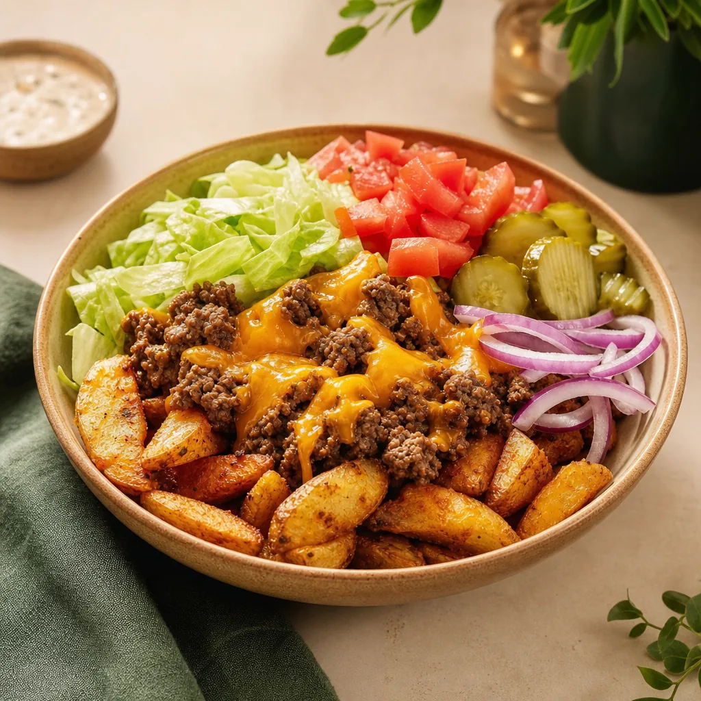 Eine appetitliche Cheeseburger-Bowl mit frischem Gemüse und knusprigen Kartoffelspalten.