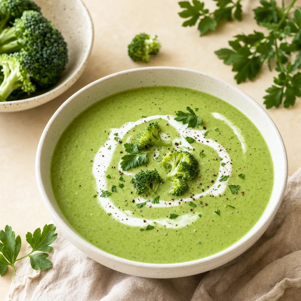 Cremige grüne Brokkoli-Protein-Suppe in heller Schale