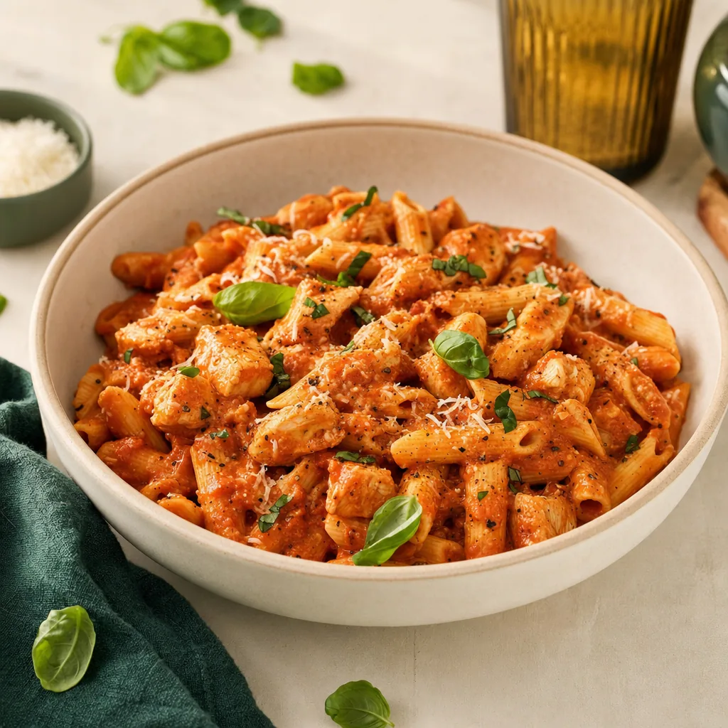 Cremige High-Protein-Pasta in Tomatensauce mit Hähnchenstreifen, Reibekäse und Basilikum