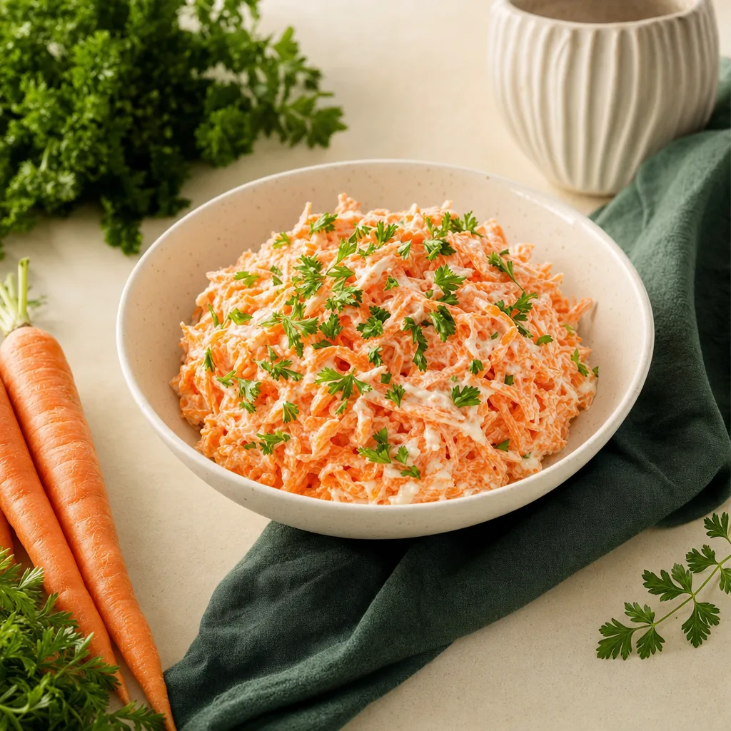 Cremiger geraspelter Karottensalat mit Skyr-Dressing und frischer Petersilie in warmweißer Keramikschüssel