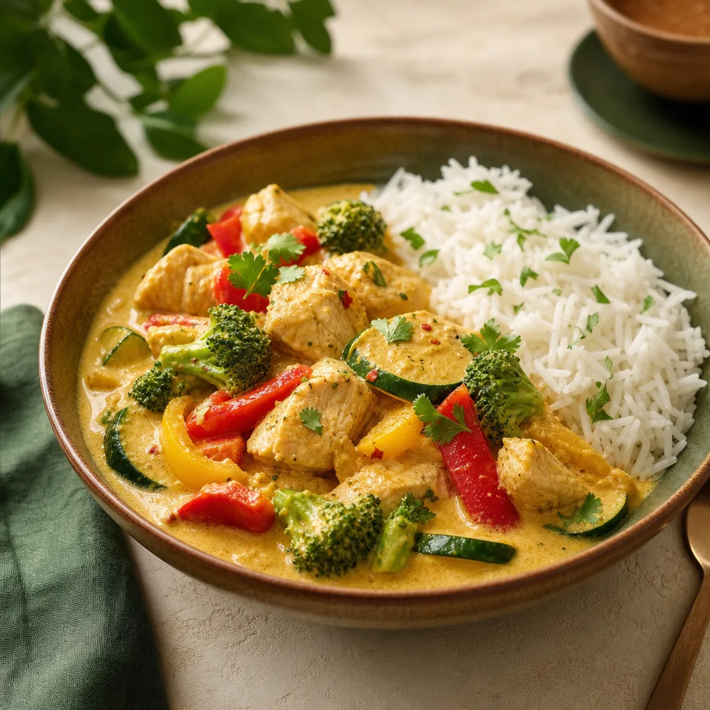 Cremiges Hähnchen-Kokos-Curry auf einem Teller