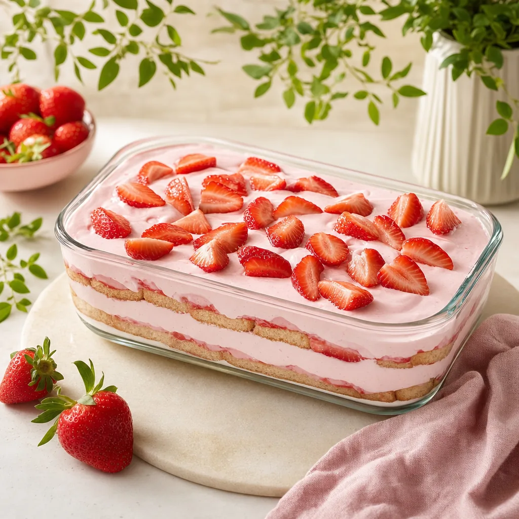 Erdbeer-Tiramisu mit Schichten aus Zwieback, rosa Skyr-Creme und frischen Erdbeeren in Glasform