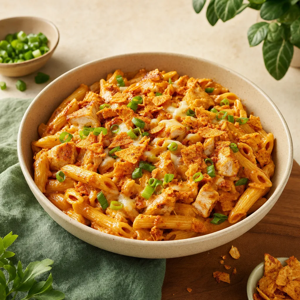 Cremige BBQ-Pasta mit Hähnchen, Käse und knusprigem BBQ-Crunch