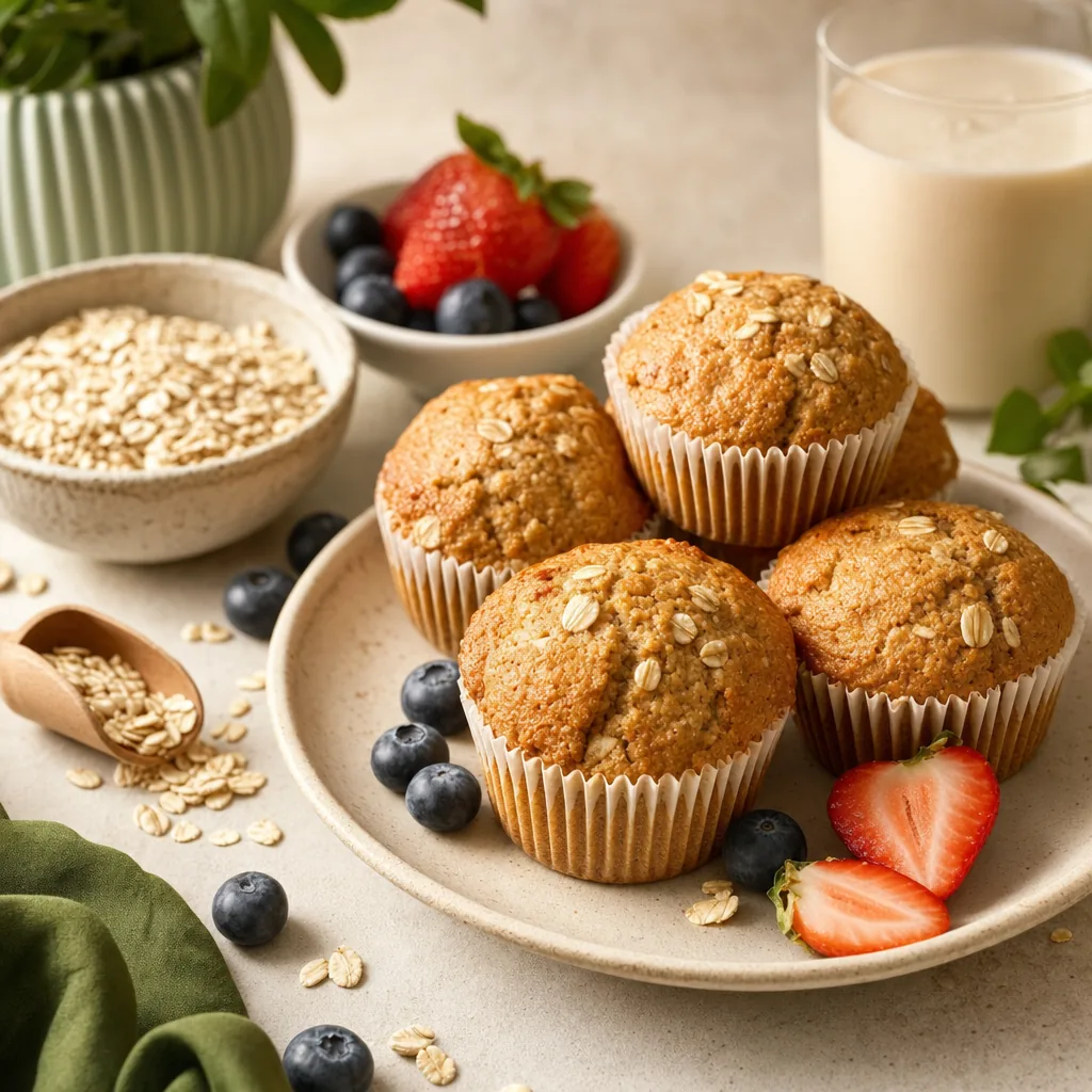 Goldbraune Frühstücks-Muffins mit Haferflocken in Papierförmchen, daneben Blaubeeren und Erdbeeren