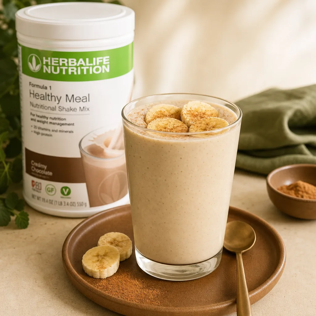 Gesunde Zwischenmahlzeit mit Herbalife in einem Glas