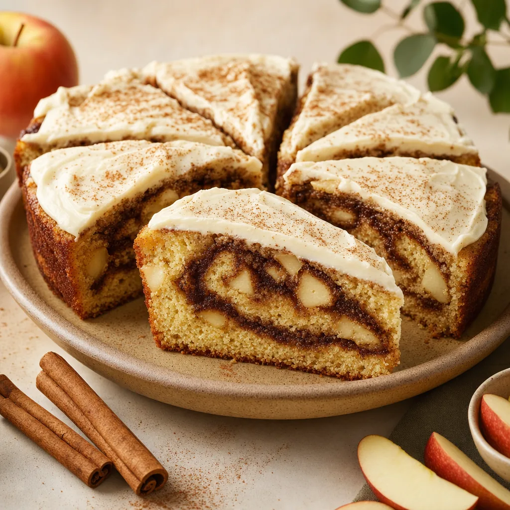 Angeschnittener gesunder Apfel-Zimtschnecken-Kuchen mit hellem Skyr-Frosting und dunklem Zimt-Swirl
