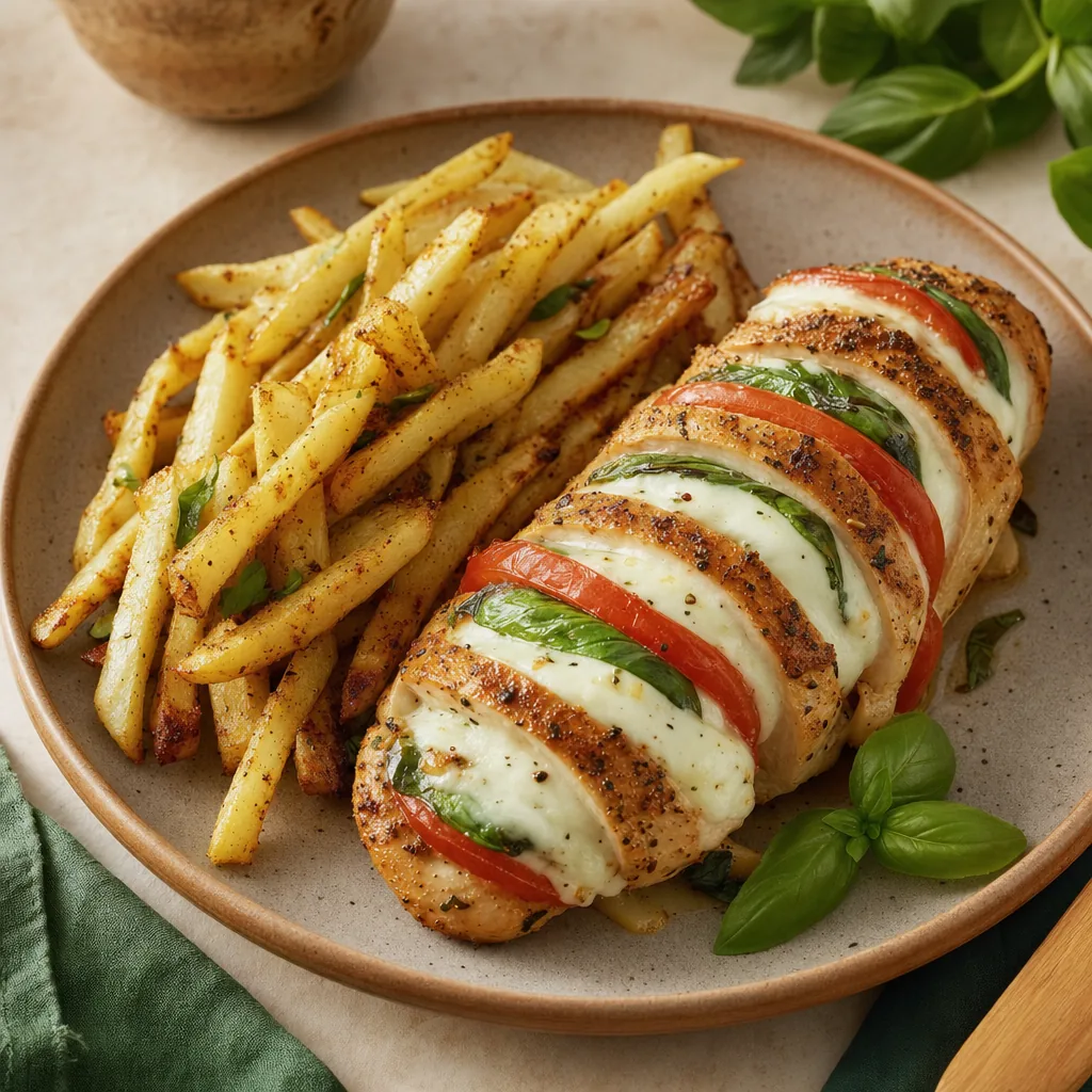 Caprese-Hähnchen mit geschmolzenem Mozzarella, Tomate und Basilikum, daneben goldene Kohlrabi-Pommes