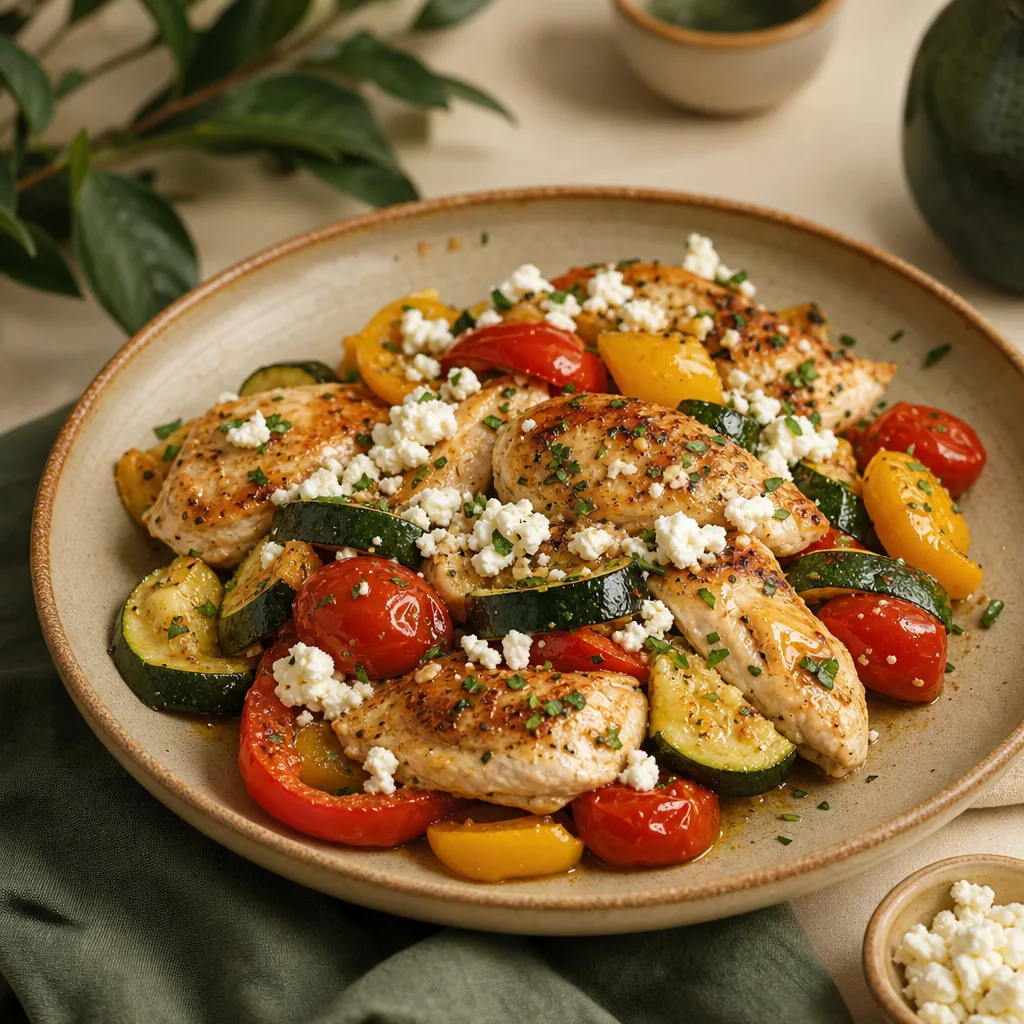 Hähnchen-Feta-Blech mit buntem Gemüse