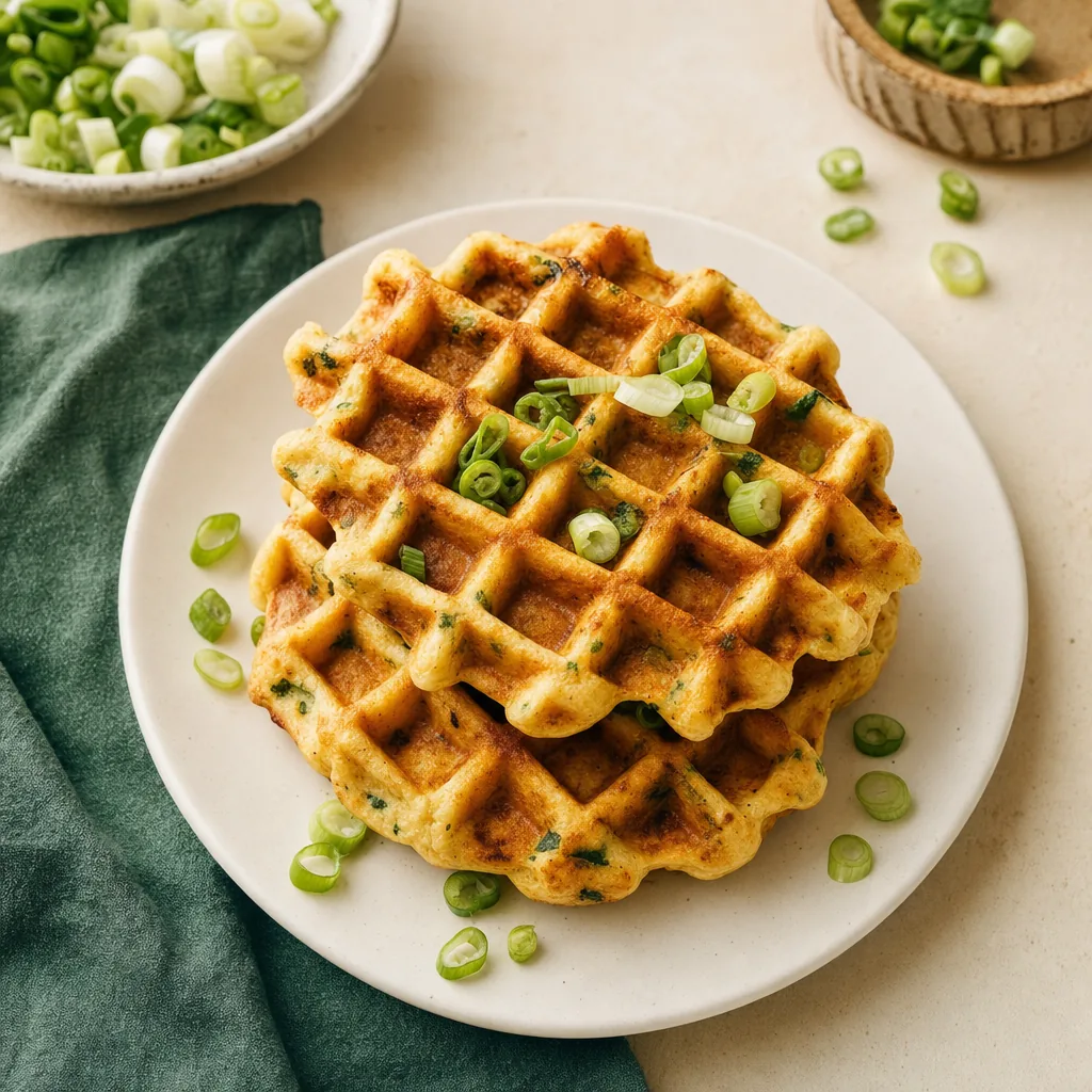Herzhafte goldbraune Protein-Waffeln mit Frühlingszwiebeln auf hellem Teller