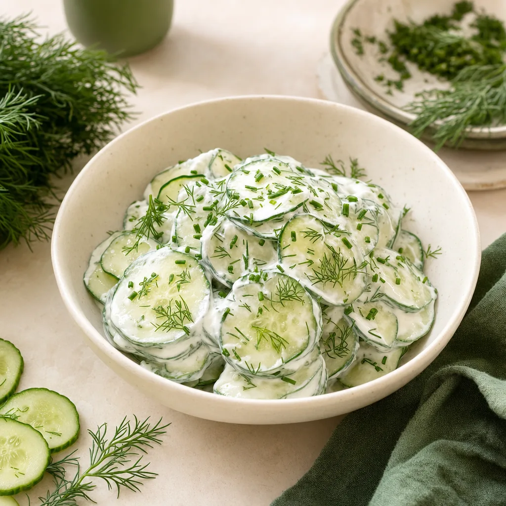 Cremiger Gurkensalat mit Skyr-Knoblauch-Dressing und frischem Dill in warmweißer Keramikschüssel