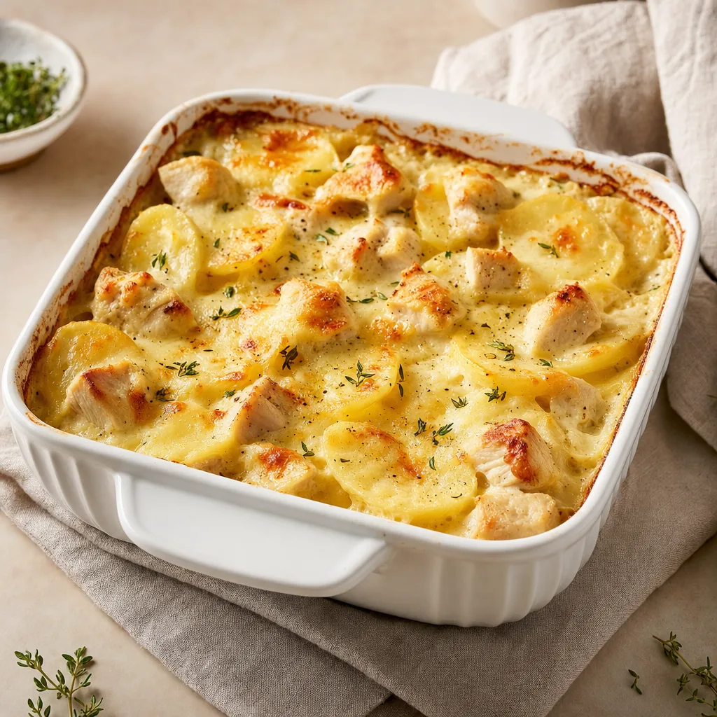 Cremiges Kartoffelgratin mit Hähnchen und goldbraunem Käse