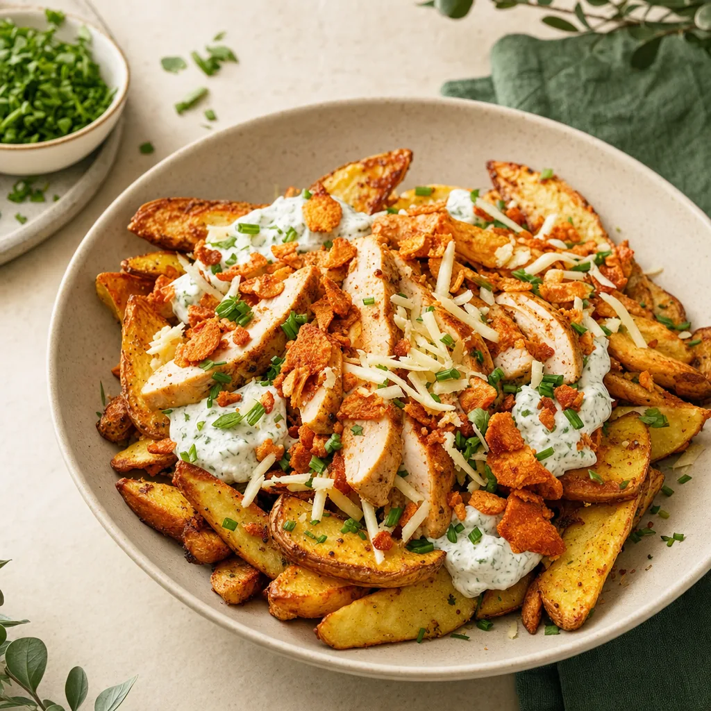 Knusprige BBQ-Kartoffeln mit Hähnchen, Skyr-Dip und Protein-Chips