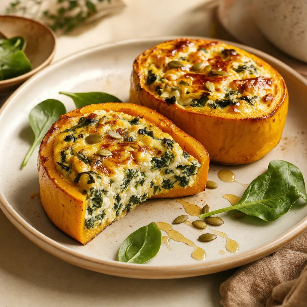 Zwei goldbraun gebackene Hokkaido-Quiche-Ringe mit cremiger Spinat-Feta-Füllung auf einem warmen Keramikteller