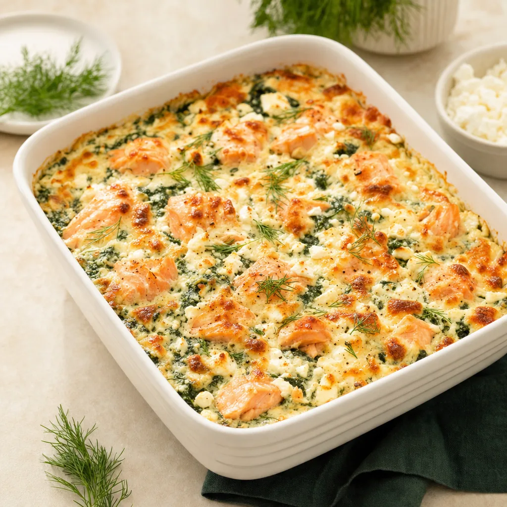 Lachs-Spinat-Auflauf mit cremigem Spinat, Feta und goldbrauner Käsekruste in weißer Auflaufform