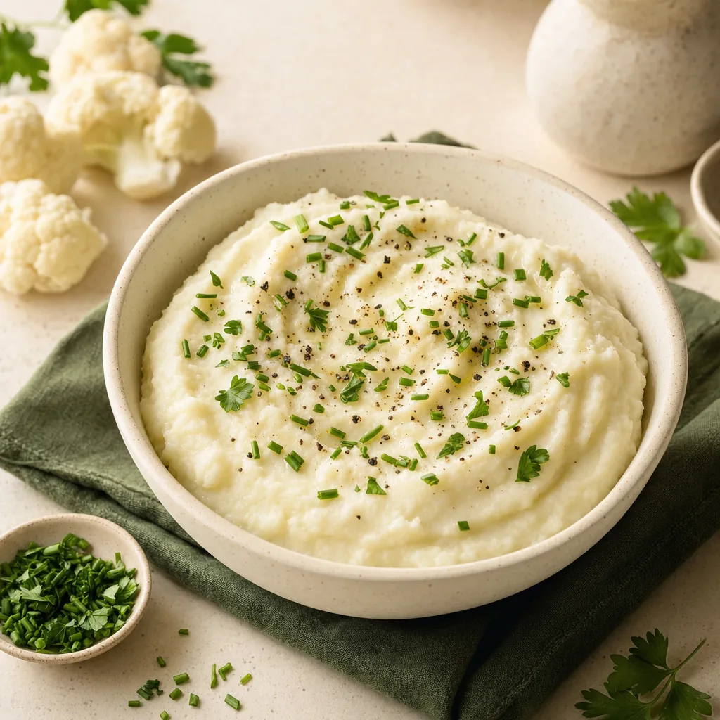 Cremiges Blumenkohlpüree mit Schnittlauch und Pfeffer in warmweißer Keramikschüssel