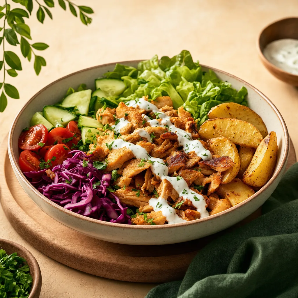 Protein-Döner-Bowl mit frischem Gemüse und Hähnchen