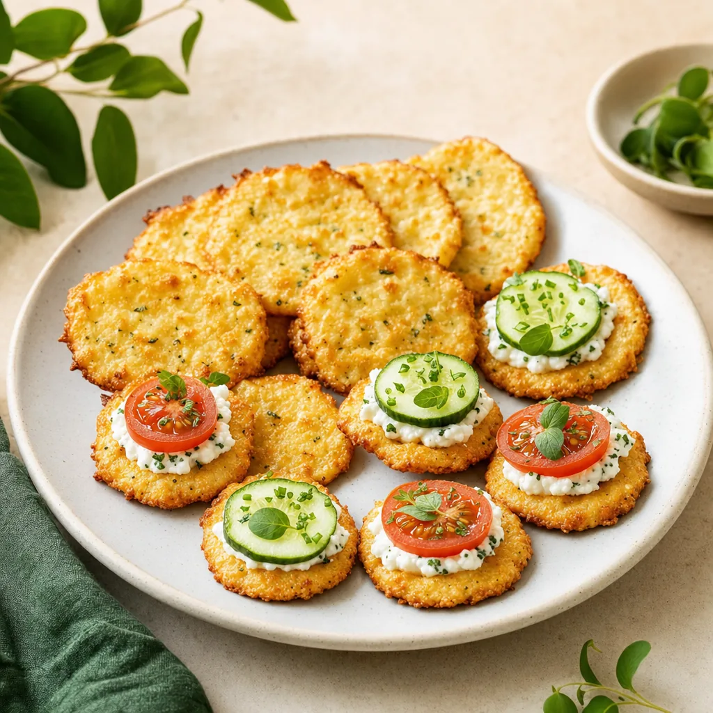 Goldbraune Frischkäse-Cracker auf hellem Teller, belegt mit Gurken- und Tomatenscheiben