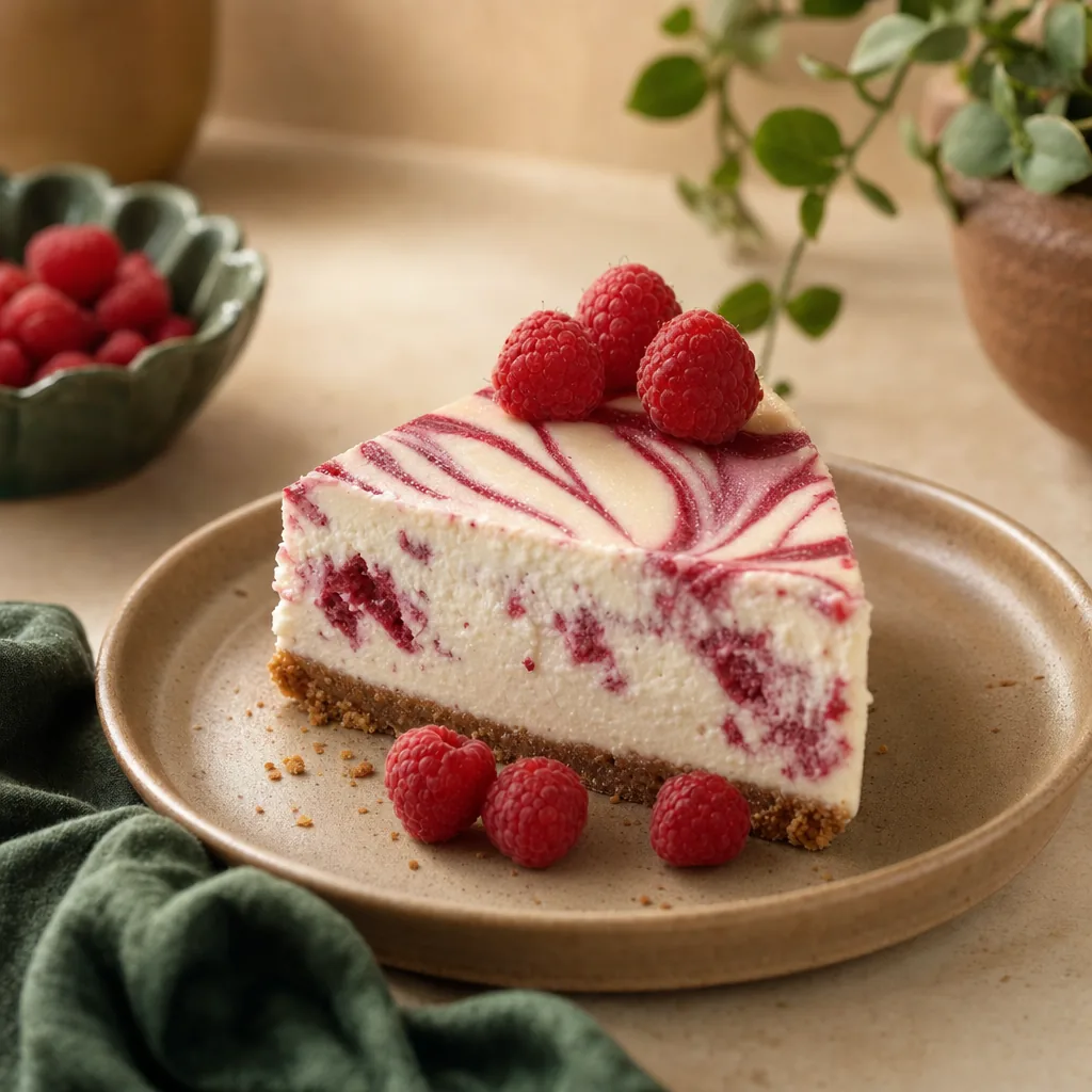 Ein Stück Protein-Himbeer-Cheesecake auf einem Teller, dekoriert mit frischen Himbeeren.