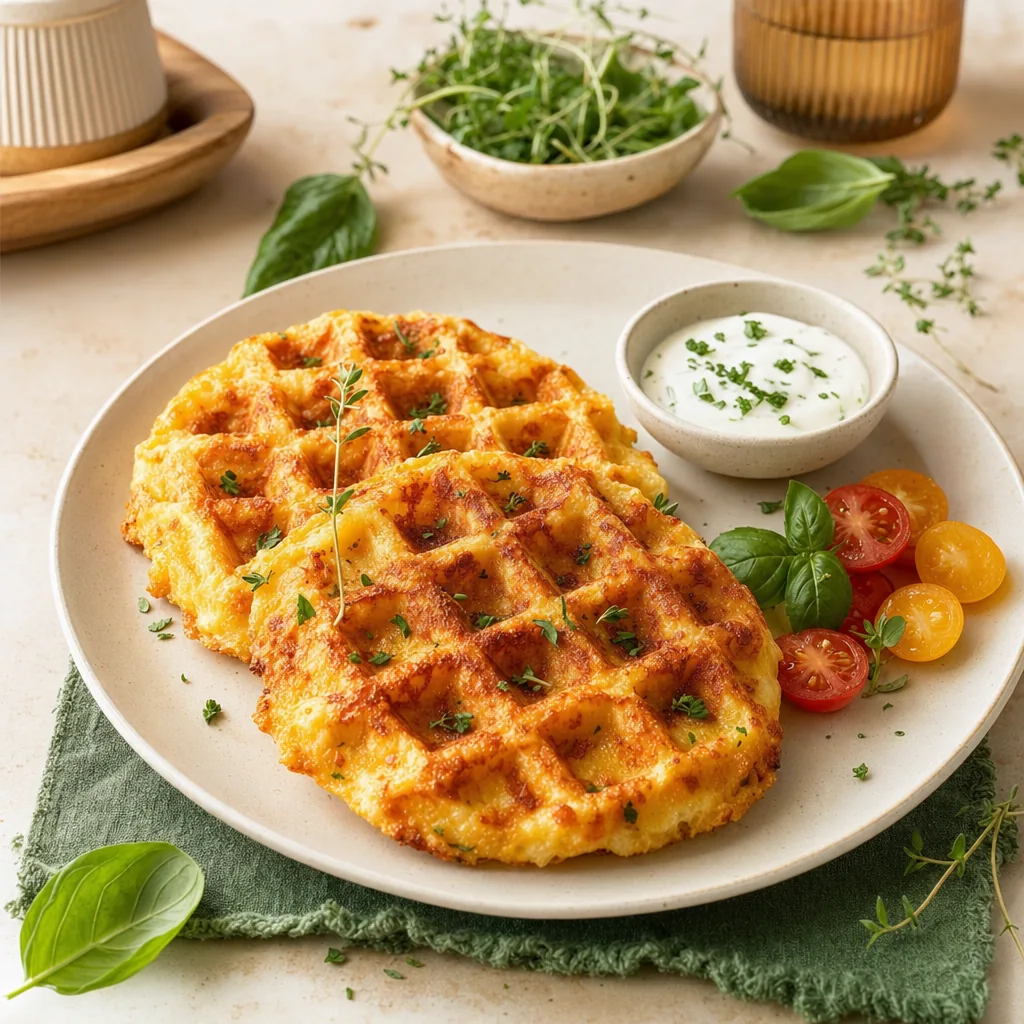 Goldbraune herzhafte Mozzarella-Waffeln auf hellem Keramikteller mit frischen Kräutern