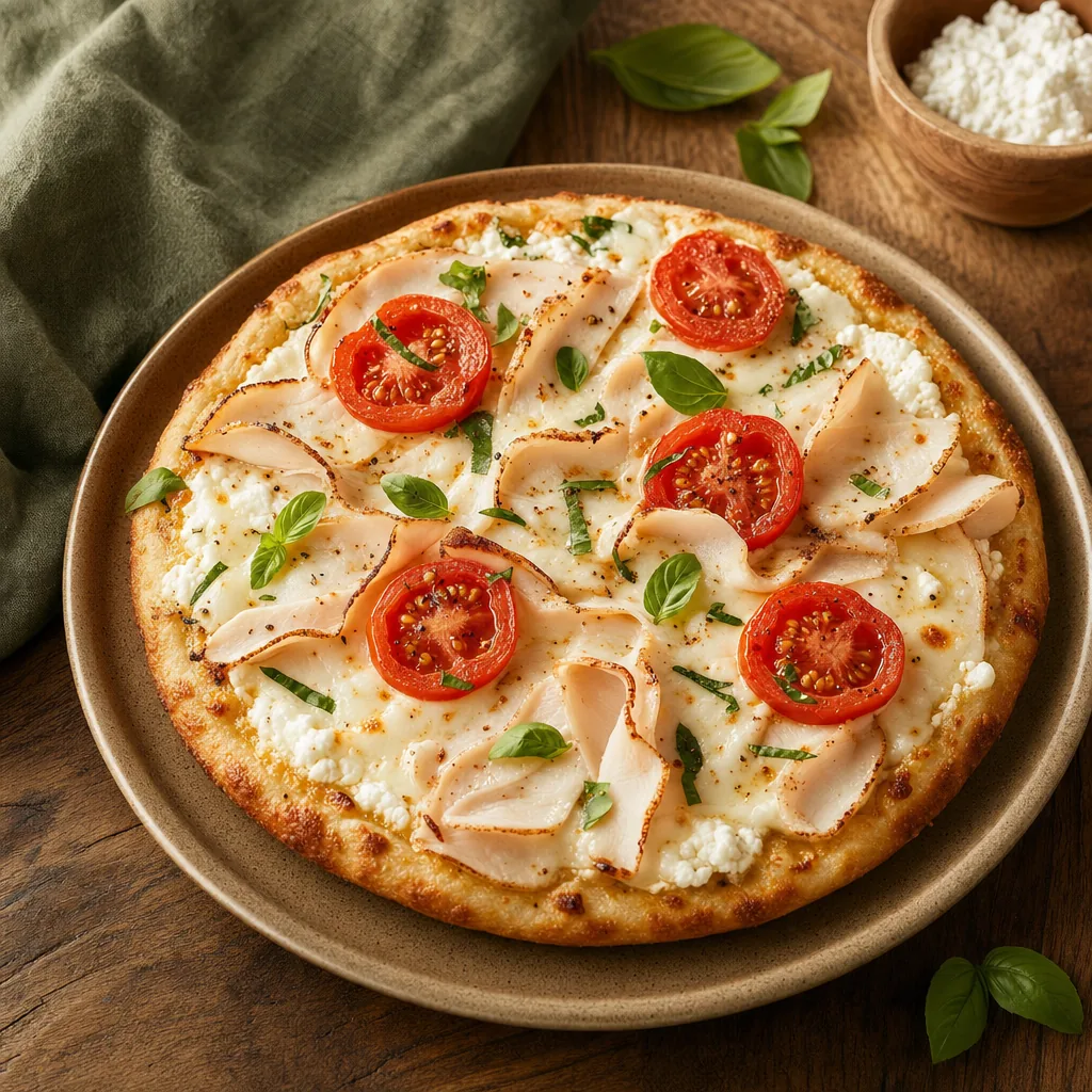 Eine frisch gebackene Protein Pizza mit Hüttenkäse, Putenbrust und frischen Tomaten.