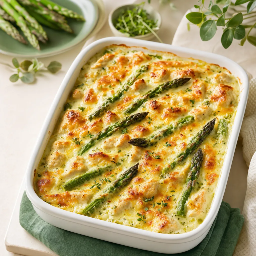 Knuspriger Spargel-Auflauf mit Hähnchen, cremiger Quark-Soße und goldener Käsekruste in weißer Auflaufform