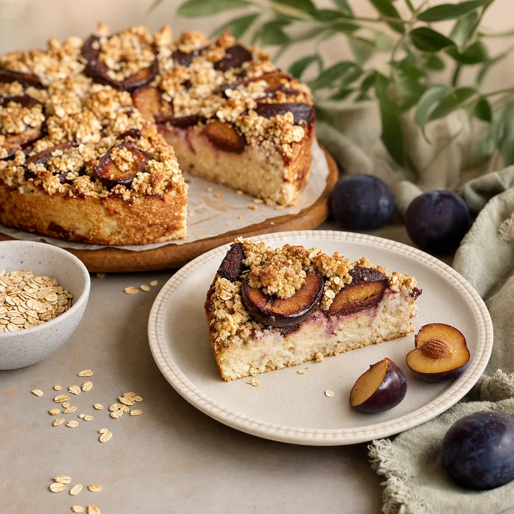 Protein-Streuselkuchen mit dunklen Zwetschgenhälften und goldenen Haferstreuseln, ein Stück auf hellem Teller