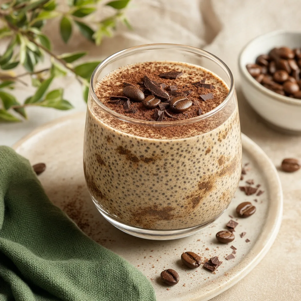 Cremiges Tiramisu-Latte-Chia-Dessert im Glas mit Kakao-Bestäubung und Kaffeebohnen