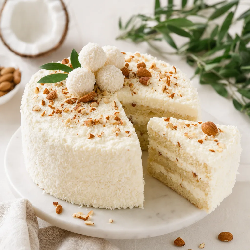 Heller Kokoskuchen mit cremigem Skyr-Topping, Kokosraspeln und gehackten Mandeln, ein Stück angeschnitten
