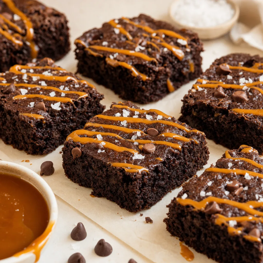 Fudgy Salted-Caramel-Protein-Brownies mit Karamellsauce und Meersalzflocken, in Würfel geschnitten