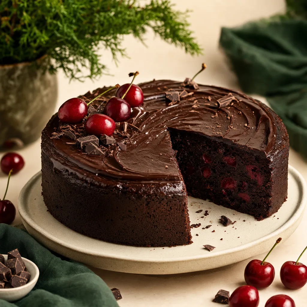 Saftiger Schoko-Kirsch-Kuchen mit glänzendem Schokoladen-Topping und frischen Kirschen, ein Stück angeschnitten