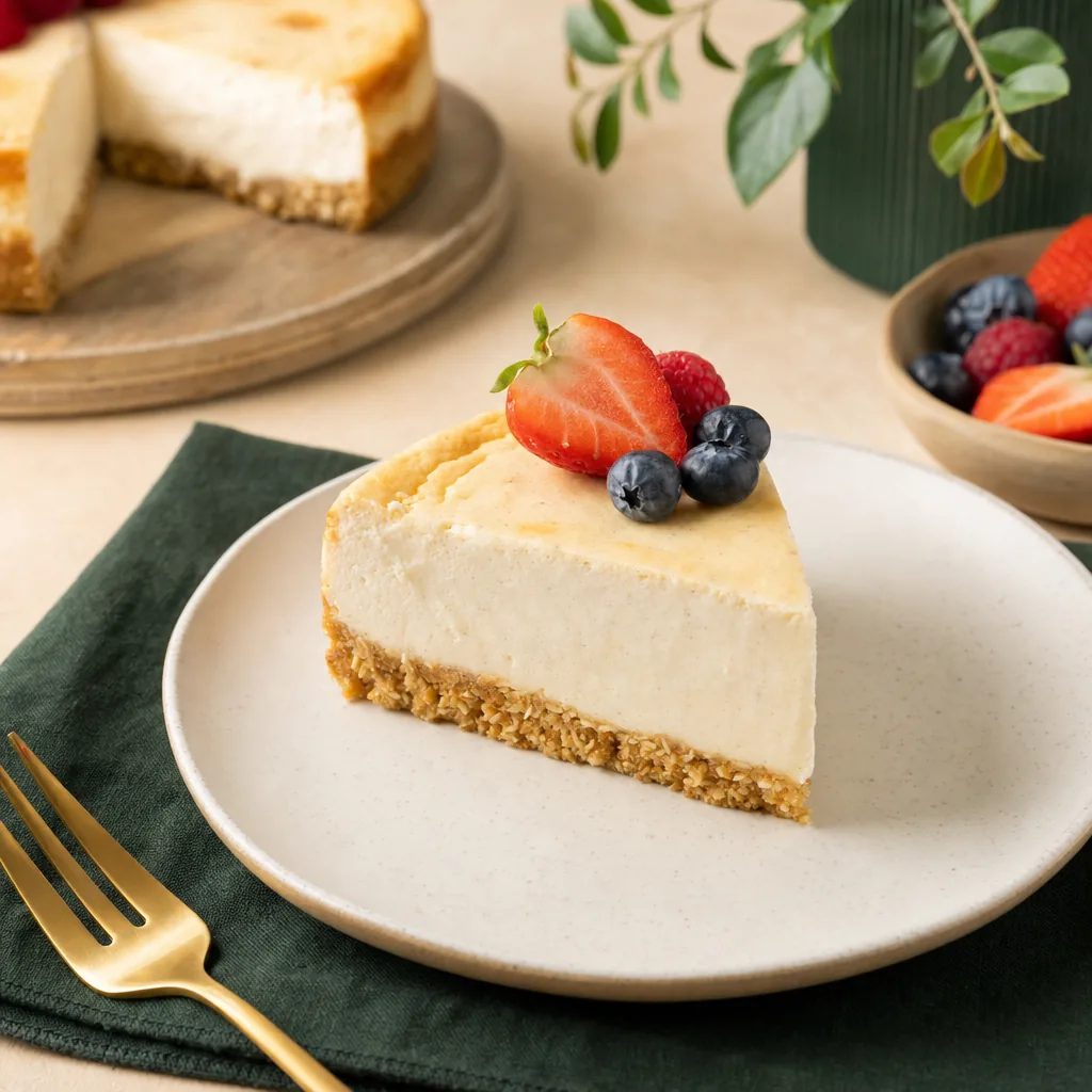 Cremiger Skyr-Protein-Cheesecake mit Haferflocken-Boden, ein Stück mit frischen Beeren auf hellem Teller