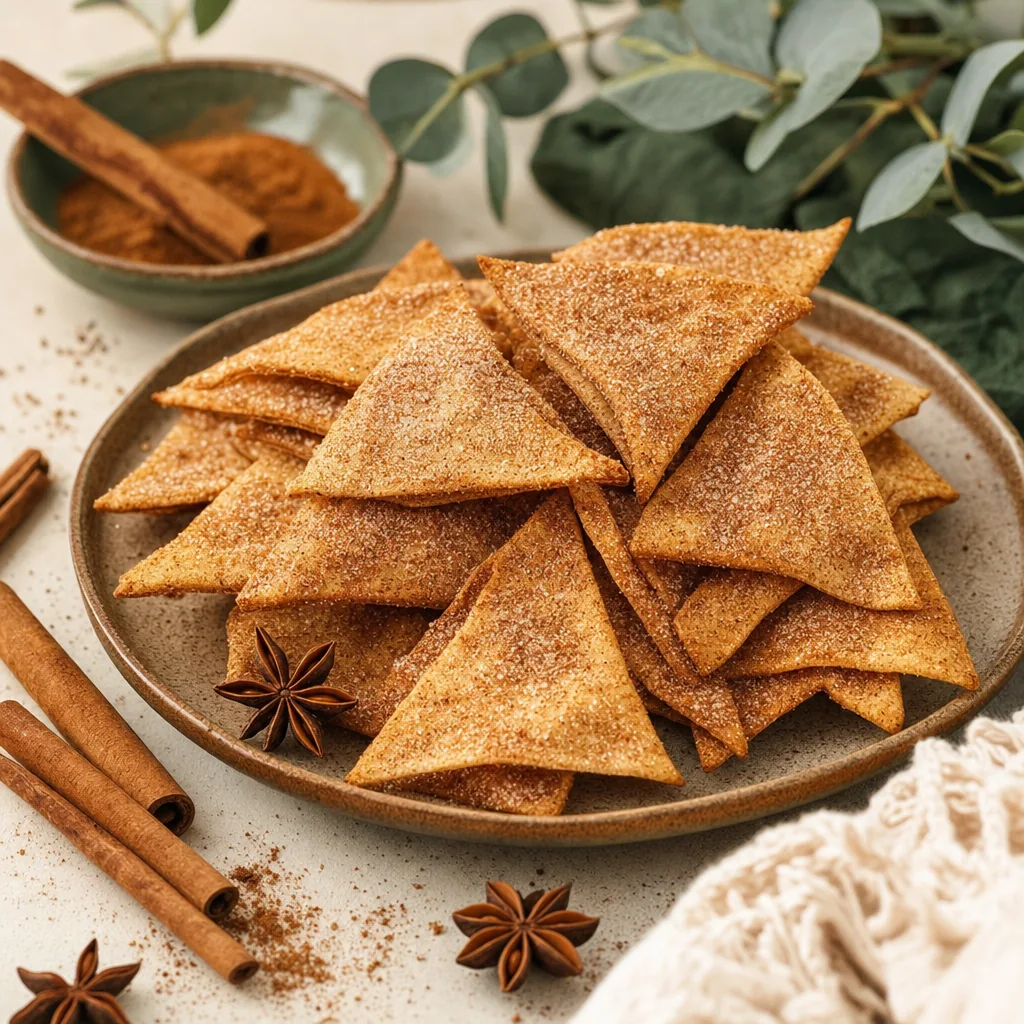 Knusprige Protein-Cracker in Dreiecksform mit Zimt-Erythrit-Beschichtung auf einem warmen Keramikteller.