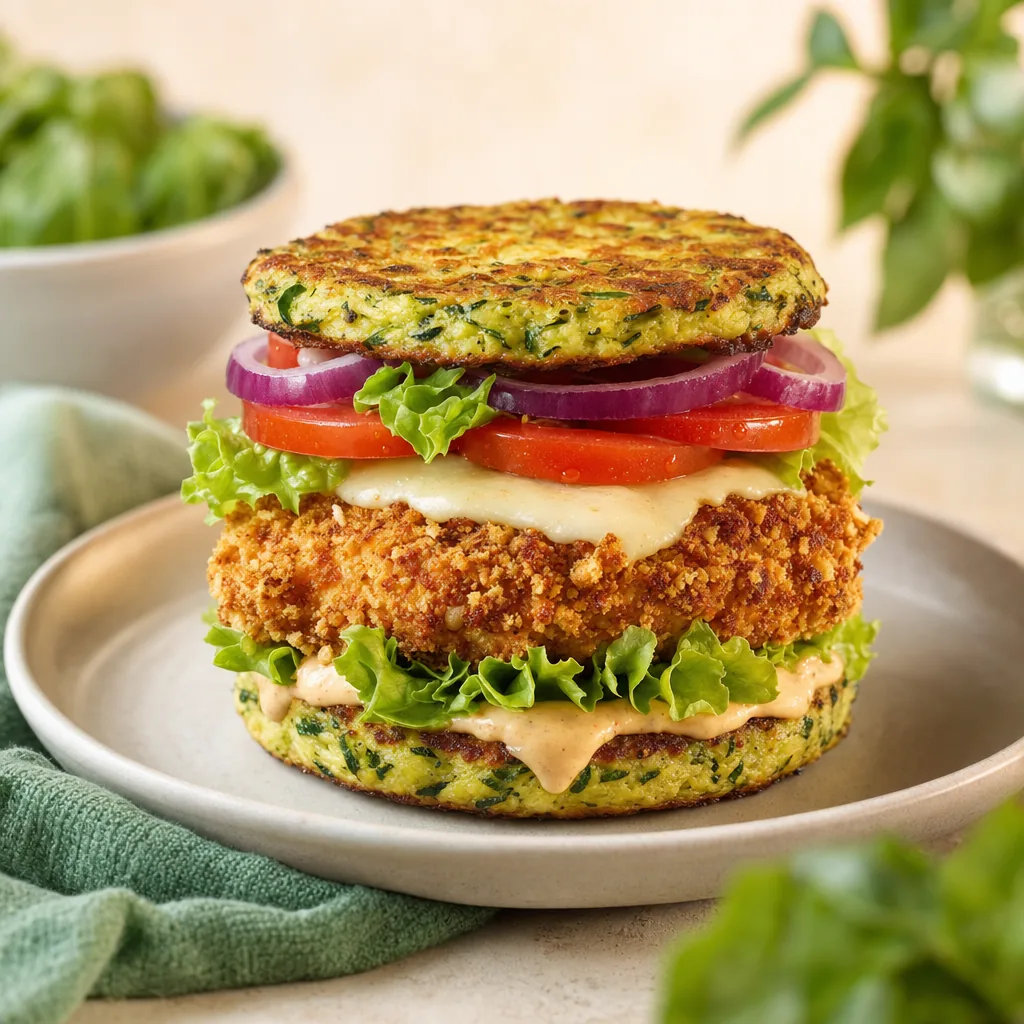 High-Protein-Burger mit Zucchini-Puffern als Buns, paniertem Hähnchen, Mozzarella, Tomate und Zwiebelringen